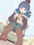  1girl beanie black_hat blue_hair bluearcadegames blush boots camping_chair chair chopsticks cup eating folding_chair green_pants hat highres holding holding_chopsticks holding_cup instant_cup_noodles instant_noodles multicolored_scarf on_chair outdoors pants purple_eyes scarf shima_rin sitting sky solo yurucamp 