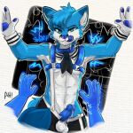 anthro blue_body blue_fur blue_tongue bluefox_(theonlybluefox) canid canine clothing costume flirting flirting_look flirting_with_viewer fox fur gear genitals harness hi_res humanoid_genitalia male mammal mawmain party solo tongue tongue_out