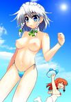  assisted_exposure bikini bikini_top_removed blush breasts clothes_theft embarrassed hong_meiling izayoi_sakuya medium_breasts micro_bikini multiple_girls navel nipples side-tie_bikini swimsuit swimsuit_theft takadoya theft topless touhou undressing 