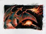  absurdres acrylic_paint_(medium) black_background border breath_weapon breathing_fire charizard commentary_request fire flame-tipped_tail highres no_humans open_mouth painting_(medium) pokemon pokemon_(creature) solo tail traditional_media tsutamoto_dawiki white_border 