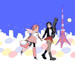  2girls animal_collar artist_name bag belt black_belt black_boots black_choker black_hair black_jacket black_pantyhose blush boots bracelet breasts choker collar eiffel_tower fishnet_thighhighs fishnets frilled_skirt frills full_body full_moon garter_straps grey_eyes guitar_case hair_ornament hairclip high_heels highres holding holding_bag holding_hands instrument_case jacket jewelry kamerimuu komatsu_nana leather leather_jacket leg_warmers medium_breasts medium_hair miniskirt moon multiple_girls nana_(series) osaki_nana pantyhose parted_bangs parted_lips pink_eyes pink_hair pink_leg_warmers pink_scarf pink_skirt plaid_clothes plaid_skirt polka_dot polka_dot_scarf puffy_short_sleeves puffy_sleeves red_skirt scarf shirt shirt_under_shirt shoes shopping_bag short_hair short_sleeves skirt skyline smile sparkle striped_clothes striped_shirt studded_belt studded_bracelet teeth thighhighs walking white_shirt white_shoes yuri 
