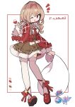  1girl ;d blush bow brown_dress brown_eyes brown_hair capelet dress full_body fur_trim hair_between_eyes hair_intakes happy heart highres long_hair long_sleeves looking_at_viewer one_eye_closed open_mouth original patterned red_shoes red_sleeves shoes smile solo standing thighhighs white_background white_thighhighs xian_li 