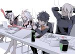 2boys 2girls ai_the_somnium_files ai_the_somnium_files:_nirvana_initiative aiba_(ai_the_somnium_files) arm_up arms_behind_head arms_up ashtray bespectacled black_hair black_jacket book breasts brown_eyes can cellphone chair cigarette cigarette_pack cleavage commentary_request computer crossed_arms cup date_kaname disposable_coffee_cup disposable_cup energy_drink frown glasses green_eyes grey_hair hat heterochromia highres holding holding_cigarette holding_pen jacket laptop large_breasts leaning_forward monster_energy mouth_hold multicolored_hair multiple_boys multiple_girls on_chair ookutsuwa_waga orange_sweater paper pen phone pink_eyes pink_streaks police_hat ryuki_kuruto shirt sitting sleeve_cuffs smartphone smoke smoking streaked_hair sweater tama_(ai_the_somnium_files) tic-tac-toe two-tone_hair white_background white_hair white_shirt yellow_eyes 