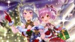  2girls :d animal_ear_fluff animal_ears assault_lily bare_shoulders bell belt belt_buckle bikini black_bow black_choker blurry blurry_background blush bow breasts buckle cat_ears cat_girl choker christmas christmas_lights christmas_tree cleavage_cutout clothing_cutout commentary_request copyright_notice crescent crescent_earrings detached_sleeves dress dress_bow earrings fur-trimmed_dress fur-trimmed_gloves fur-trimmed_sleeves fur_trim gift gloves grey_hair hair_between_eyes hair_bow hair_ornament halter_dress halterneck hand_on_another's_arm hands_up hata_matsuri hitotsuyanagi_riri holding holding_gift jewelry jingle_bell kemonomimi_mode light_particles looking_at_another looking_to_the_side medium_breasts medium_hair multiple_girls neck_bell neck_ribbon night off-shoulder_dress off_shoulder official_alternate_costume official_art one_side_up open_mouth orange_eyes outdoors pink_hair pointing pointing_up pom_pom_(clothes) pom_pom_hair_ornament purple_eyes red_bow red_dress red_gloves red_ribbon ribbon ring santa_costume santa_dress short_hair short_sleeves side-tie_bikini_bottom single_earring sleeveless sleeveless_dress smile sparkle standing suneru swimsuit upper_body white_belt white_gloves 