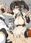  1girl admiral_(kantai_collection) alternate_costume blush bottomless breasts brown_hair censored cosplay cum cum_in_mouth cum_in_pussy cum_on_body cum_on_breasts cum_on_hair cum_on_lower_body cum_on_upper_body cumdrip door double_handjob ejaculation elbow_gloves facial fingerless_gloves gloves group_sex handjob headgear hetero kaga_(kantai_collection) kantai_collection long_hair multiple_boys nagato_(kantai_collection) nagato_(kantai_collection)_(cosplay) navel nipples penis pussy sex spread_legs stomach_bulge tears thighhighs translation_request vaginal yami_shigeru 