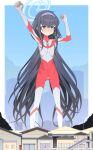  1girl arms_up ass_visible_through_thighs bags_under_eyes black_hair blue_archive blue_halo blue_sky blurry blush bodysuit border building city cityscape clenched_hands closed_mouth collarbone color_timer commentary commission cosplay covered_navel crossed_bangs day depth_of_field english_commentary feet_out_of_frame flat_chest full-face_blush furrowed_brow giant giantess hair_between_eyes hairband halo highres house jitome legs_apart long_hair looking_at_viewer mixed-language_commentary mojyo multicolored_bodysuit outdoors pixiv_commission ponytail power_lines purple_eyes purple_hairband railing red_bodysuit saga_inu silver_bodysuit skin_tight skinny sky smile solo standing tokusatsu two-tone_bodysuit ui_(blue_archive) ultra_series ultraman ultraman_(1st_series) ultraman_(cosplay) very_long_hair wavy_mouth white_border 