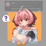  1girl ? ahoge artist_name baby_animal bird blue_shirt chick chicken commentary cropped_torso drinking_straw drinking_straw_in_mouth english_commentary english_text green_eyes grey_background h3p0 head_rest highres making-of_available medium_hair off-shoulder_shirt off_shoulder orange_background osu! pink_hair pippi_(osu!) screenshot_inset shirt solo spoken_question_mark tweet twitter_username two-tone_background v-shaped_eyebrows 