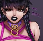  1girl animal_collar black_hair black_lips braid collar collarbone highres kinky_queen long_hair looking_at_viewer orange_eyes portrait rope shiny_skin simple_background solo teeth the_addams_family twin_braids twintails wednesday_(netflix) wednesday_addams 