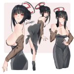  1girl absurdres ass black_hair blue_archive blush breasts cleavage commentary dress evening_gown grey_dress halo high_heels highres large_breasts long_hair looking_at_viewer multicolored_halo multiple_views party rainatsu red_eyes rio_(blue_archive) rio_(dress)_(blue_archive) short_hair sideboob simple_background solo twitter_username two-tone_halo very_long_hair 