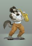  anthro beard biceps black_nose body_hair canine chest_hair clothed clothing digital_media_(artwork) eyewear facial_hair fur furrybob hair male mammal muscular pants saxwuff shirt simple_background solo tank_top wolf 