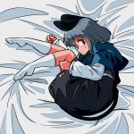  1girl absurdres animal_ears black_skirt black_vest blue_capelet capelet closed_mouth commentary_request commission grey_hair highres jewelry kasuya_baian long_sleeves looking_at_viewer lying medium_hair mouse_ears mouse_girl mouse_tail nazrin on_side partial_commentary pendant red_eyes shirt skeb_commission skirt socks solo tail touhou vest white_shirt white_socks 