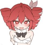  1girl @_@ ahoge bare_shoulders black_bow black_bowtie blush bow bowtie center-flap_bangs collarbone crossed_arms detached_collar dot_nose double-parted_bangs drill_hair from_above hair_bow kasane_teto leotard looking_at_viewer open_mouth red_eyes red_hair simple_background solo strapless strapless_leotard sweatdrop synthesizer_v twin_drills twintails utau white_background white_leotard white_wrist_cuffs wrist_cuffs zunda_drop 