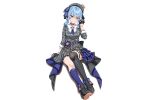  1girl 666girimekara absurdres beret black_choker black_gloves black_shoes black_thighhighs blue_eyes blue_hair blue_nails blue_socks choker closed_mouth fingerless_gloves gloves grey_hat grey_shirt grey_skirt hat highres hololive hoshimachi_suisei hoshimachi_suisei_(1st_costume) looking_at_viewer medium_hair nail_polish o-ring o-ring_choker shirt shoes single_thighhigh skirt smile socks solo thigh_strap thighhighs virtual_youtuber white_background 