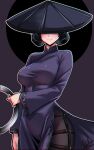  1girl 2025 ao_dai black_hair breasts chakram circle covered_eyes fromsoftware grin hat highres holding holding_weapon nekobox outline purple_background rice_hat smile the_duskbloods weapon white_outline 