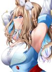  1girl almond_eye_(the_changer)_(umamusume) almond_eye_(umamusume) animal_ears armpits arms_up blue_dress blue_eyes blue_hair blush braid breasts brown_hair cleavage colored_inner_hair commentary_request cross-shaped_pupils detached_sleeves dress from_side highres horse_ears horse_girl large_breasts long_hair long_sleeves looking_at_viewer multicolored_hair red_hayao simple_background single_braid solo streaked_hair symbol-shaped_pupils umamusume upper_body white_background white_sleeves 