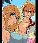  1boy 1girl adjusting_hair ahoge black_border blonde_hair blue_eyes blue_one-piece_swimsuit blue_sky blush border braid braided_ponytail breasts closed_mouth cup drink drinking drinking_straw emya26 fate/strange_fake fate_(series) food fruit glasses hood hooded_jacket hoodie ice_cream jacket large_breasts long_hair looking_at_viewer male_swimwear multicolored_hair one-piece_swimsuit open_clothes open_jacket open_mouth outdoors palm_tree pectorals pillarboxed red_eyes red_hair richard_i_(fate) sajou_ayaka_(fate/strange_fake) short_hair sidelocks single_braid sky smile streaked_hair sweat swimsuit tree twitter_username two-tone_hair upper_body white_jacket 