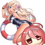  ;d ahoge ass blonde_hair blue_eyes blush crop_top flower hair_flower hair_ornament i-58_(kantai_collection) kantai_collection kyon_(fuuran) lifebuoy long_hair looking_at_viewer multiple_girls one-piece_swimsuit one_eye_closed open_mouth red_eyes red_hair ro-500_(kantai_collection) sailor_collar salute school_swimsuit simple_background smile swimsuit tan tanline wavy_mouth white_background 