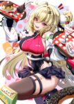  1girl absurdres ahoge bare_shoulders black_shoes blonde_hair border breasts brown_thighhighs chalky_(zenless_zone_zero) cissia_(zenless_zone_zero) cleavage commentary_request cup detached_sleeves drinking_straw drooling food hair_between_eyes hair_ornament hairclip heart highres holding holding_tray ice_cream kappaako large_breasts long_hair looking_at_viewer notice_lines open_mouth outside_border parfait pom_pom_(clothes) pom_pom_hair_ornament pudding red_eyes shoes snake snake_girl snake_tail strawberry_parfait tail thighhighs tray underboob white_border white_snake zenless_zone_zero 