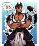  1boy anger_vein animal_ears apron arm_hair artist_name aztexarts bandaged_tail bandages bandaid bandaid_on_face bandaid_on_nose beard_stubble biceps black_choker black_dress black_sash blue_background blush border brown_hair cat_boy cat_ears cat_tail chest_hair choker closed_eyes closed_mouth collarbone commentary crossdressing crossdressing_(mtf) crossed_arms dress english_commentary enmaided facial_hair frilled_apron frills frown gloves heart highres khonshu_(marvel) lace-trimmed_apron lace-trimmed_gloves lace_trim large_pectorals maid maid_apron male_focus male_maid marc_spector marvel marvel_rivals moon_knight muscular muscular_male notice_lines outline outside_border pectoral_cleavage pectorals puffy_short_sleeves puffy_sleeves sash scar scar_across_eye scar_on_face short_hair short_sleeves signature speech_bubble spoken_character stubble studded_choker tail white_apron white_border white_gloves white_outline 