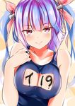  bare_arms bare_shoulders breasts cleavage_cutout eyebrows_visible_through_hair i-19_(kantai_collection) kantai_collection large_breasts long_hair one-piece_swimsuit purple_hair red_eyes school_swimsuit smile solo swimsuit tatsu_shinomu tri_tails 