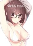  arms_up bad_id bad_pixiv_id bangs bikini blush breasts brown_hair closed_mouth eyebrows_visible_through_hair front-tie_bikini front-tie_top glasses looking_at_viewer medium_breasts nekobaka original purple_eyes pursed_lips short_hair sidelocks simple_background solo swimsuit upper_body white_background white_bikini 