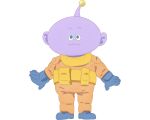  1boy :3 a-pose alien artist_request blue_gloves blue_shoes colored_skin full_body gloves green_eyes highres legs_apart mahou_no_shimai_lulutto_lilly meeter no_humans no_nose official_art purple_skin second-party_source shoes solo spacesuit standing straight-on 