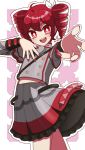  1girl ahoge belt blush bow buttons commentary commentary_request cowboy_shot double-breasted double-parted_bangs drill_hair forehead frills grey_jacket grey_skirt hair_between_eyes hand_on_own_chest highres jacket kasane_teto kasane_teto_(sv) long_sleeves looking_at_viewer midriff_peek nail_polish open_mouth outstretched_arm red_eyes red_hair red_nails shoulder_belt sidelocks simple_background skirt smile solo star_(symbol) synthesizer_v tahanaexx teeth thighs twin_drills untranslatable_commentary upper_teeth_only utau white_bow 