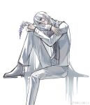  1boy arm_on_knee cael_anselm cael_anselm_(everyday_outfit) chinese_commentary closed_mouth crabwzzzz earrings flower foot_out_of_frame grey_shirt grey_vest hair_between_eyes hair_flowing_over head_on_arm head_rest highres holding holding_flower invisible_chair jacket jewelry knee_up long_hair long_hair_between_eyes long_sleeves looking_at_flowers lovebrush_chronicles male_focus open_clothes open_jacket pants purple_eyes purple_flower shirt shoes simple_background sitting smile solo suit very_long_hair vest white_background white_hair white_jacket white_pants white_shoes white_suit wisteria 