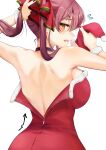  1girl adjusting_hair alternate_costume blush breasts dress fang fur-trimmed_dress fur_trim hair_ribbon hat highres holding holding_unworn_clothes holding_unworn_hat hololive houshou_marine large_breasts looking_at_viewer looking_back miyuno open_mouth red_hair red_ribbon ribbon santa_costume santa_dress sideboob skin_fang solo unworn_hat unworn_headwear virtual_youtuber yellow_eyes 
