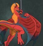 anthro anus blue_eyes claws countershading dancing dragon european_mythology eztli_(user_55) female flamespitter genitals hair hi_res horn looking_at_viewer looking_back membrane_(anatomy) mythological_creature mythological_scalie mythology non-mammal_vulva nude pole pole_dancing presenting raised_foot raised_tail rear_view red_body scalie simple_background smile solo stripes stripper_pole tail vulva western_dragon wings wyvern