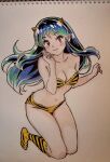  1girl animal_print bikini boots breasts cleavage collarbone colored_pencil_(medium) commentary_request cone_horns full_body gradient_hair highres horns knee_boots long_hair lum multicolored_hair navel orange_eyes pointy_ears print_bikini print_boots sidelocks smile solo swimsuit tiger_print tomo_okame0106 traditional_media urusei_yatsura 