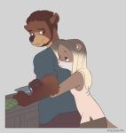  ash_vega brown_eyes brown_fur brown_hair duo duo_focus food fur grey_background group hair hug knife lucien_eigengrau male mammal romantic_couple simple_background stealthnachos ursine 