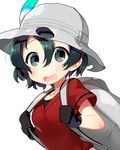  akemaru backpack bag black_eyes black_gloves black_hair blush commentary gloves hair_between_eyes hat hat_feather helmet holding holding_backpack holding_bag kaban_(kemono_friends) kemono_friends open_mouth pith_helmet red_shirt shirt short_hair simple_background solo surprised upper_body wavy_hair white_background 