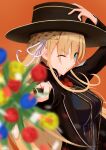  1girl ;) absurdres alternate_costume aqua_eyes arm_up black_jacket black_shirt blonde_hair blurry braid breasts closed_mouth commentary_request confetti depth_of_field eyelashes hair_between_eyes hair_ribbon half_up_braid hand_on_headwear hand_up heaven_burns_red highres jacket large_breasts long_hair long_sleeves looking_at_viewer nose one_eye_closed open_clothes open_jacket orange_background psy_(artist) ribbon shirt simple_background smile smug solo suspenders toujou_tsukasa upper_body v-shaped_eyebrows very_long_hair white_ribbon 