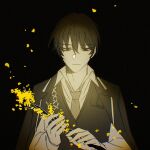  1boy bags_under_eyes black_hair black_jacket black_vest branch collared_shirt flower glowing grey_necktie half-closed_eyes highres holding holding_branch holding_plant jacket jacket_on_shoulders lcb_uniform_(project_moon) limbus_company m5_indica male_focus necktie plant project_moon shirt short_hair solo underlighting vest white_shirt yellow_flower yi_sang_(project_moon) 