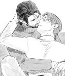  2boys aged_up beard blush commentary_request couple dojima_daigo facial_hair greyscale hug hug_from_behind imminent_kiss male_focus mature_male mine_yoshitaka monochrome mullet multiple_boys ribbed_sweater ryuu_ga_gotoku_(series) ryuu_ga_gotoku_8 smile sweater turtleneck tyag53 yaoi 