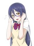  1girl bespectacled blue-framed_eyewear blue_hair blush bow bowtie collared_shirt commentary_request glasses hair_between_eyes hand_on_own_ear long_hair looking_at_viewer love_live! love_live!_school_idol_project open_mouth otonokizaka_school_uniform red_bow red_bowtie roaru_(gyuren) school_uniform semi-rimless_eyewear shirt short_sleeves simple_background sonoda_umi sweater_vest under-rim_eyewear upper_body vertical-striped_bowtie white_background white_shirt yellow_eyes yellow_sweater_vest 
