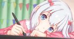  :o blue_eyes blurry degicat depth_of_field eromanga_sensei head_rest izumi_sagiri long_hair looking_at_viewer pajamas parted_lips pink_pajamas silver_hair solo stylus tablet upper_body 