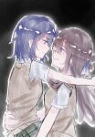 2girls alessia_(sg4897972626024) blue_eyes blue_hair braid brown_hair brown_sweater_vest closed_mouth commentary_request eye_contact green_skirt half_up_braid hand_on_another's_waist highres long_hair looking_at_another medium_hair miyagi_shiori multiple_girls parted_lips purple_eyes school_uniform sendai_hazuki shirt shuuniichido_classmate_wo_kau_hanashi sitting sitting_on_lap sitting_on_person skirt sweater_vest white_shirt yuri 