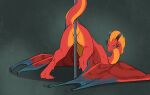 anus ass_up blue_eyes bodily_fluids claws countershading dancing dragon european_mythology eztli_(user_55) female feral flamespitter genital_fluids genitals grinding hair hi_res horn looking_at_viewer looking_back membrane_(anatomy) mythological_creature mythological_scalie mythology non-mammal_vulva nude open_mouth pole pole_dancing presenting raised_tail rear_view red_body scalie simple_background smile solo spread_legs spreading stripes stripper_pole tail teeth vaginal_fluids vulva western_dragon wings wyvern