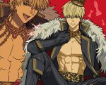  1boy abs blonde_hair crown ddongmugua earrings fate/strange_fake fate_(series) fur-trimmed_jacket fur_trim gilgamesh_(fate) gloves highres jacket jewelry necklace one_eye_closed open_mouth pants red_background red_eyes short_hair sitting smile tongue tongue_out 