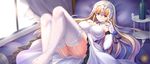  apple ass blonde_hair blue_eyes bottle breasts elbow_gloves fate/apocrypha fate_(series) food fruit garter_straps gloves headpiece highres jeanne_d'arc_(fate) jeanne_d'arc_(fate)_(all) large_breasts long_hair looking_at_viewer lying on_back on_bed panties pillow smile solo thighhighs traditional_media underwear watercolor_pencil_(medium) white_legwear wine_bottle zha_yu_bu_dong_hua 