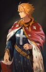  1boy alternate_costume arm_up belt blonde_hair braid cape closed_mouth commentary_request fate/strange_fake fate_(series) from_side gold_trim highres korean_commentary long_sleeves male_focus multicolored_hair parted_bangs profile red_cape red_eyes richard_i_(fate) saeldam solo standing streaked_hair two-sided_cape two-sided_fabric white_cape 