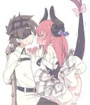  1boy 1girl bangs bare_shoulders black_blindfold black_pants blade_(galaxist) blindfold blue_ribbon blush brown_hair chair chaldea_uniform curled_horns detached_sleeves dragon_girl dragon_horns dragon_tail elizabeth_bathory_(fate) elizabeth_bathory_(fate)_(all) eyebrows_visible_through_hair eyes_closed fate/grand_order fate_(series) fujimaru_ritsuka_(male) full-face_blush hair_between_eyes hair_ribbon hands_up horns imminent_kiss jacket long_hair long_sleeves pants parted_lips plaid plaid_skirt pointy_ears profile red_hair ribbon rojiura_satsuki:_chapter_heroine_sanctuary simple_background sitting skirt standing sweat tail tail_raised tears trembling two_side_up uniform very_long_hair white_background white_jacket white_skirt 