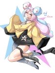  1girl absurdres blue_hair blush bow-shaped_hair character_hair_ornament hair_ornament highres iono_(pokemon) jacket long_hair long_sleeves looking_at_viewer mielthemouse multicolored_hair open_mouth pink_hair pokemon pokemon_scarlet_and_violet sharp_teeth shirt single_leg_pantyhose sleeves_past_fingers sleeves_past_wrists smile solo teeth two-tone_hair virtual_youtuber yellow_jacket 