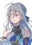  1girl ahoge artist_name asymmetrical_sleeves bare_shoulders black_bodystocking black_bow blue_sleeves blush bodystocking bow breasts bronya_rand c2_2825 covered_collarbone cropped_torso dated detached_sleeves dress earrings grey_eyes grey_hair hair_between_eyes hair_bow highres honkai:_star_rail honkai_(series) huge_ahoge jewelry long_hair long_sleeves looking_to_the_side medium_breasts mismatched_sleeves open_mouth simple_background sleeveless sleeveless_dress solo teeth white_background white_dress white_sleeves 