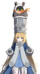  1girl absurdres bangboo_(zenless_zone_zero) blonde_hair blue_jacket blush closed_mouth commentary_request eous_(zenless_zone_zero) gloves gonza3_v grey_hat hands_up hat highres jacket large_hat long_hair looking_at_viewer norma_(zenless_zone_zero) purple_eyes simple_background skindentation thighhighs very_long_hair white_background white_gloves white_thighhighs zenless_zone_zero 