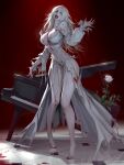  1girl absurdres bare_legs blood blood_on_clothes blood_on_dress blood_on_ground blood_on_mouth bloodshot_eyes breasts cleavage dress full_body highres instrument large_breasts looking_at_viewer open_mouth pale_skin panties piano resident_evil resident_evil_requiem selena_corey shoes single_shoe solo standing underwear wansai white_eyes zombie 