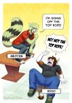 ailurid ambiguous_gender anthro bottomwear bovid bovine cattle clothing denim denim_bottomwear denim_clothing dogtober duo english_text fur green_body green_fur hi_res horn jeans lying male mammal on_back pants red_panda text