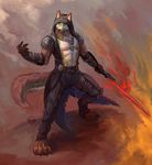  2017 anthro biceps byowt canine clothed clothing fur male mammal melee_weapon muscular muscular_male necktie open_hoodie pecs solo standing weapon wolf 